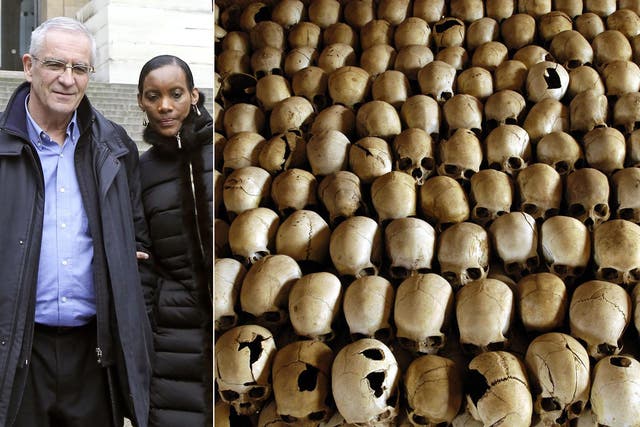 Rwanda's genocide-hunting couple Alain (right) and Dafroza Gauthier and skulls of victims of the Ntarama massacre during the 1994 genocide 