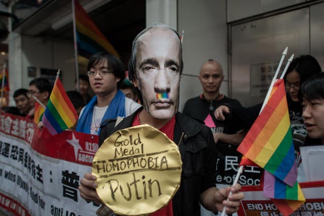 Protesters in Hong Kong take part in yesterday’s global action
against anti-gay laws in Russia on the opening day of the 2014 Winter Olympics in Sochi