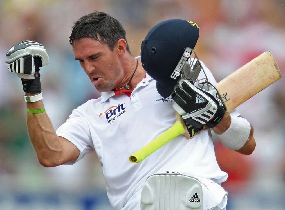 Kevin Pietersen celebrates reaching his double century for England in Australia in 2010