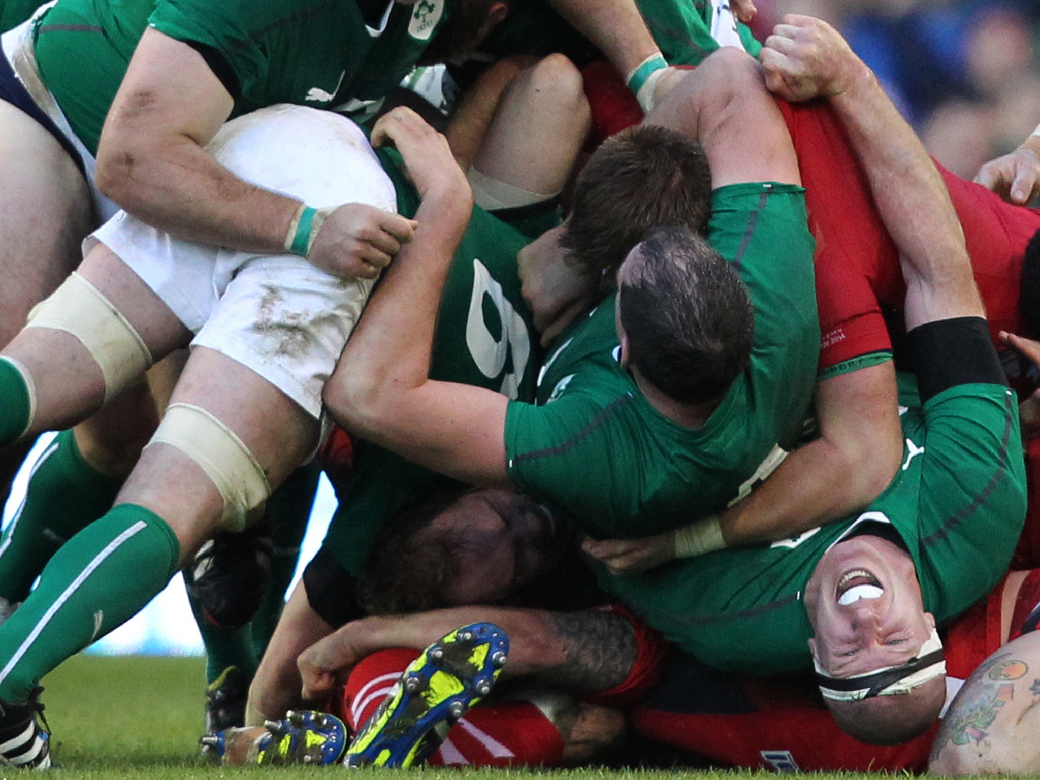 Paul O'Connell grimaces in a ruck during Ireland's 26-3 victory over Wales