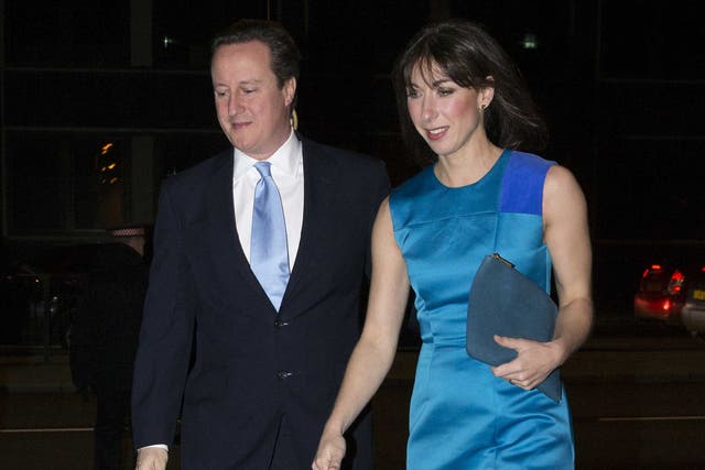 David and Samantha Cameron arriving for dinner at a Conservative party fundraiser