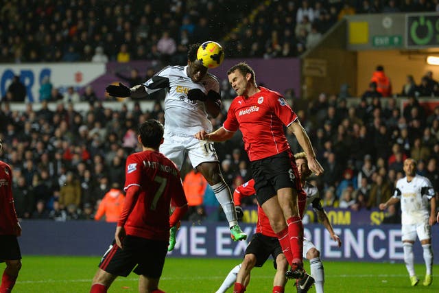 Wilfried Bony scores for Swansea in the 3-0 win over Cardiff