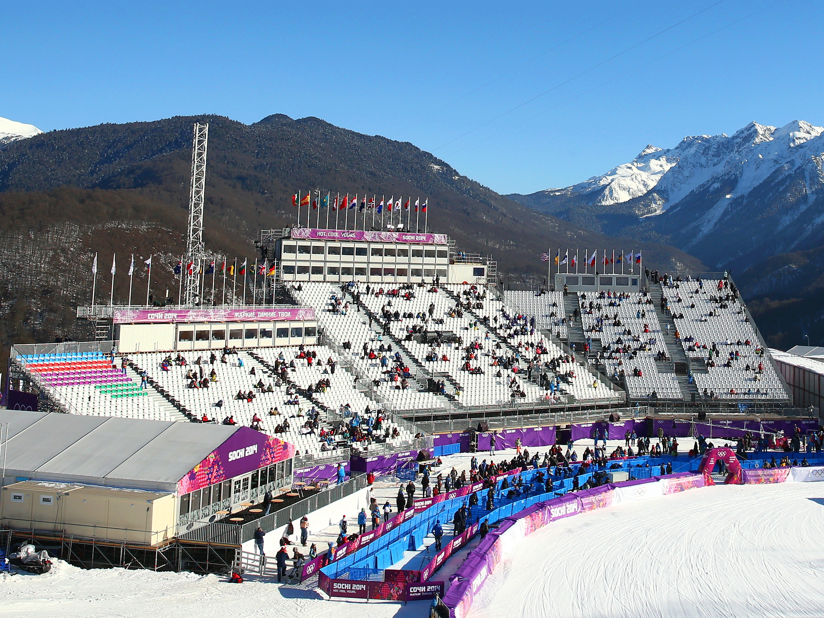 There are plenty of empty seats for day one of the slopestyle snowboarding competition in Sochi
