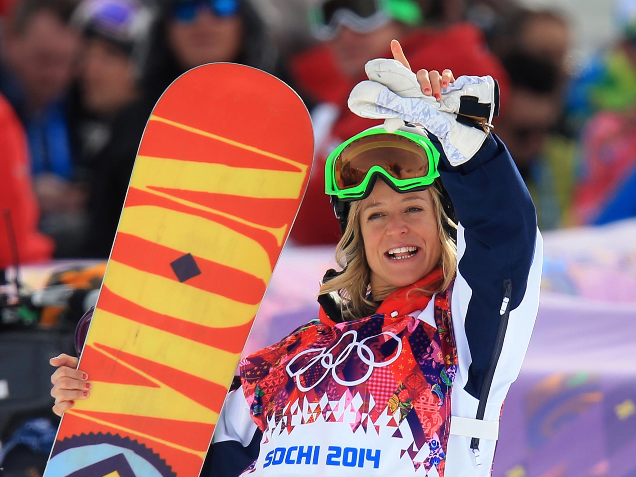 Great Britain's Jenny Jones celebrates after fining out she won Bronze in the Women's Snowboard Snowstyle Final