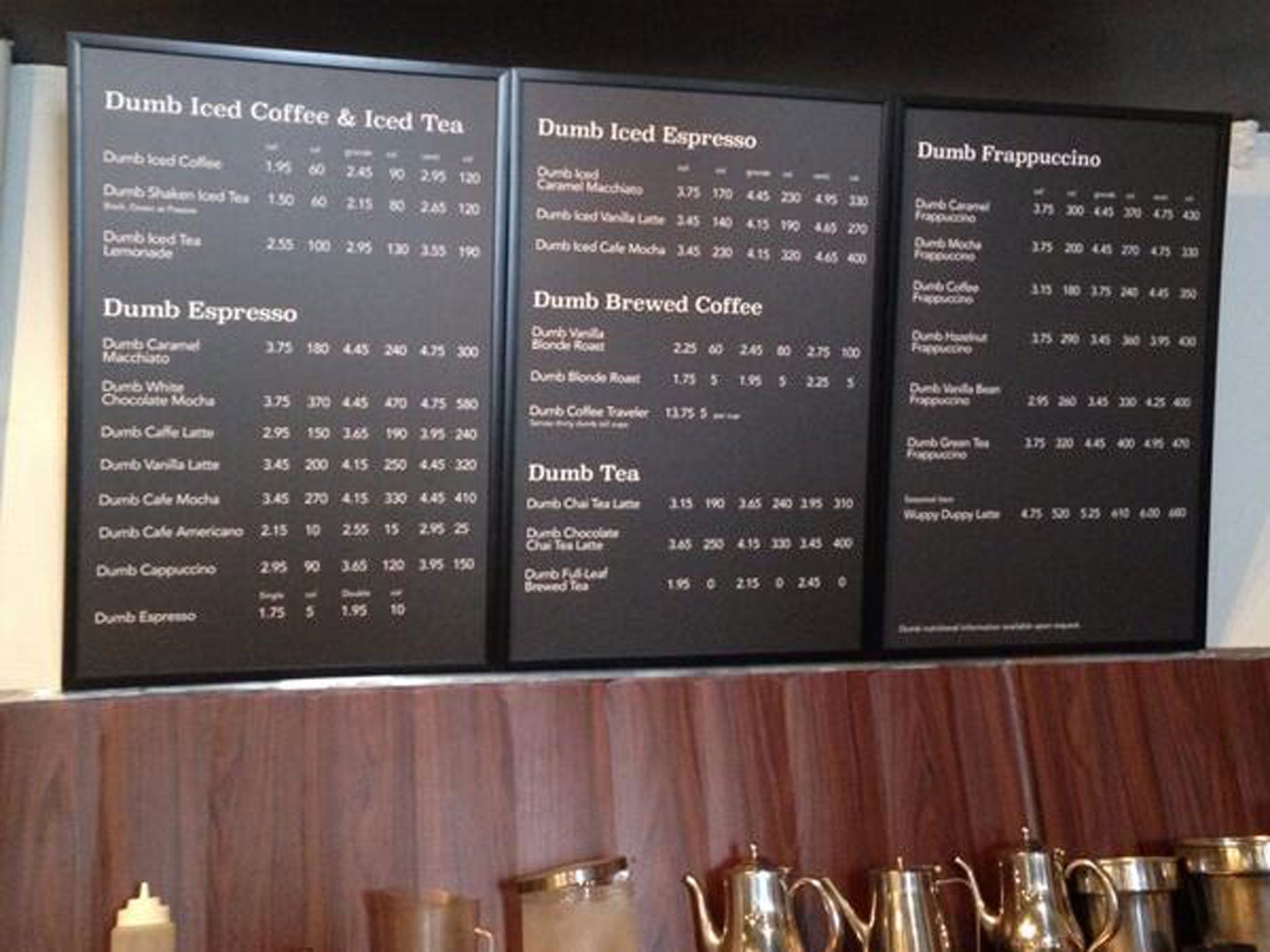 Dumb Starbucks posted this image to Twitter with the caption: 'Enjoy our full menu of coffees and cold drinks'