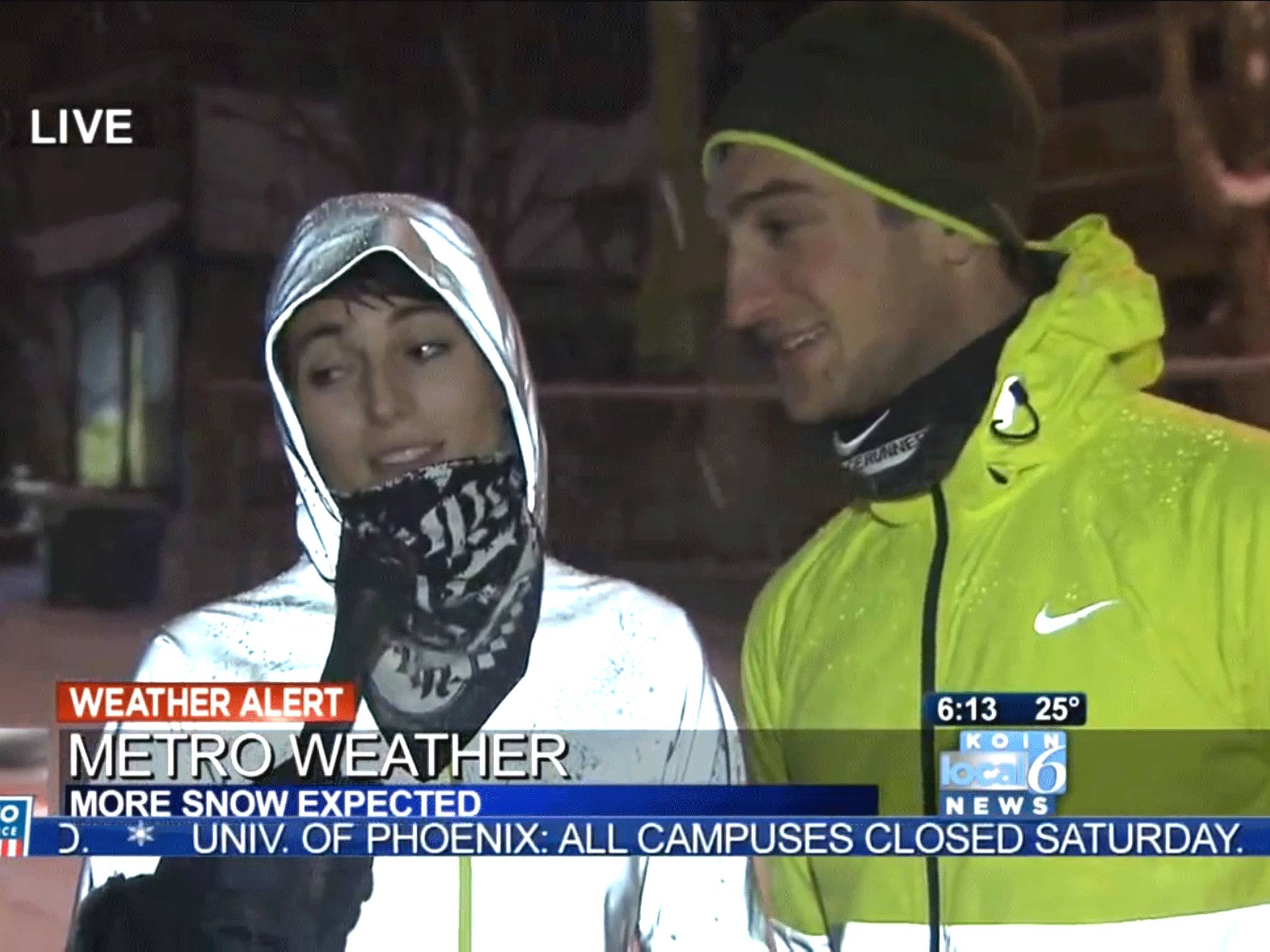 The joggers fell victim to the snow with perfect comic timing