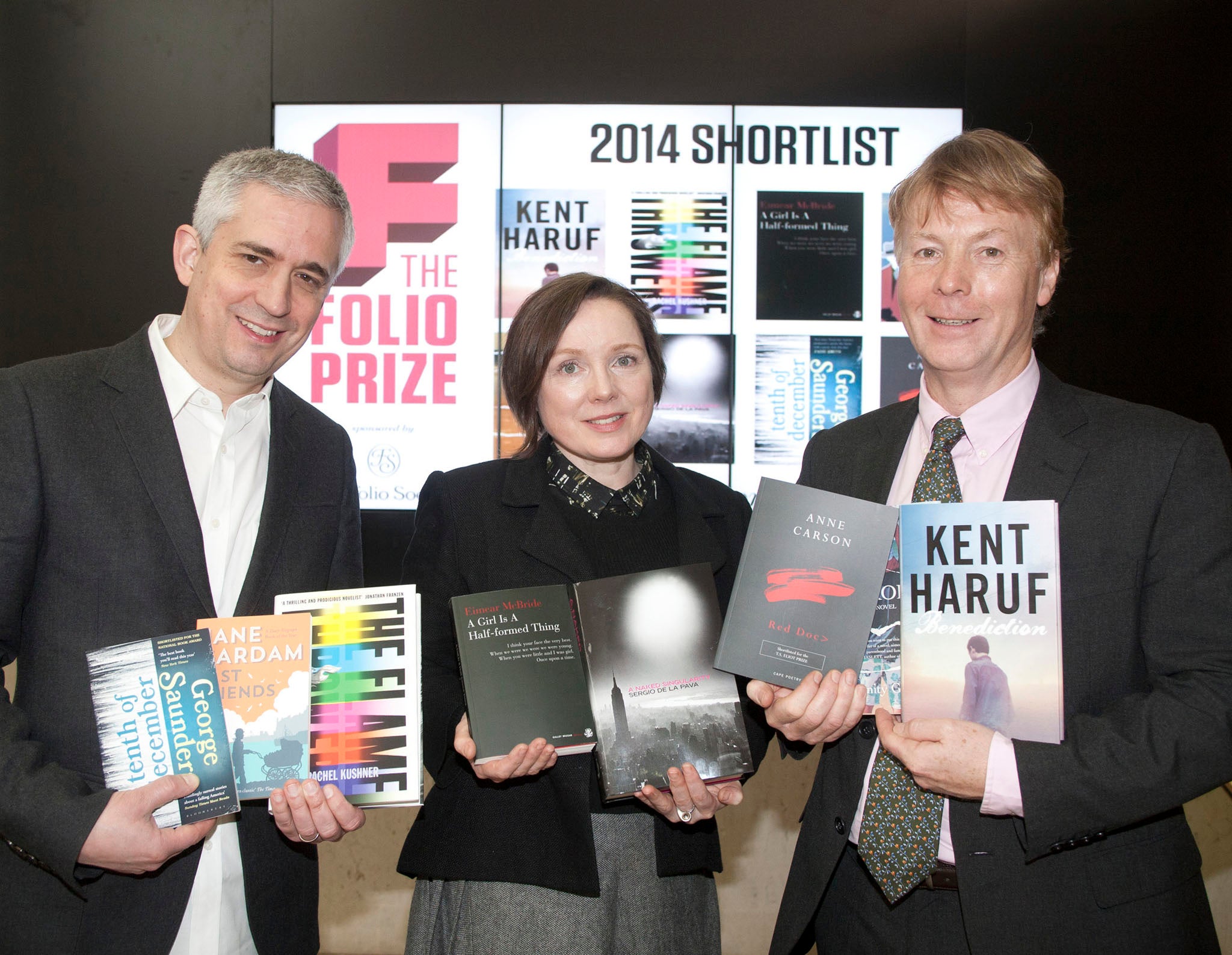 Andrew Kidd, The Folio Prize founder, Lavinia Greenlaw, Chair of Judges and Toby Hartwell, the MD of The Folio Society as they announce the shortlist for the Folio Prize 2014