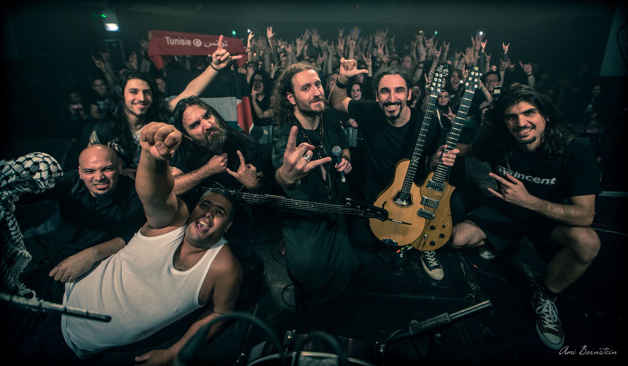 Head-banging for peace: Abed (far left) of Palestinian band Khalas and Kobi (third from right) of Israeli band Orphaned Land