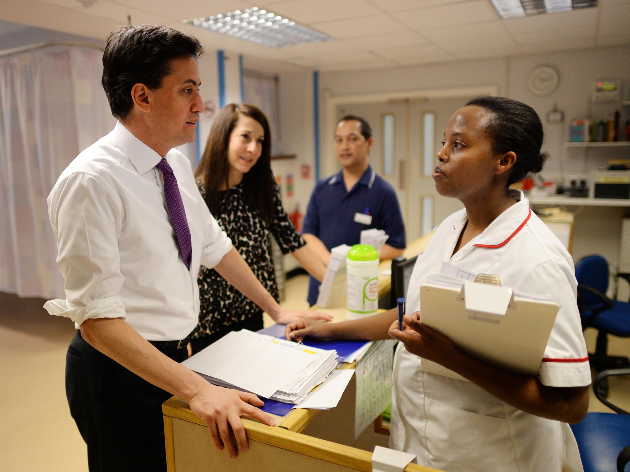 Labour leader Ed Miliband meets staff at the Whittington Hospital in north London