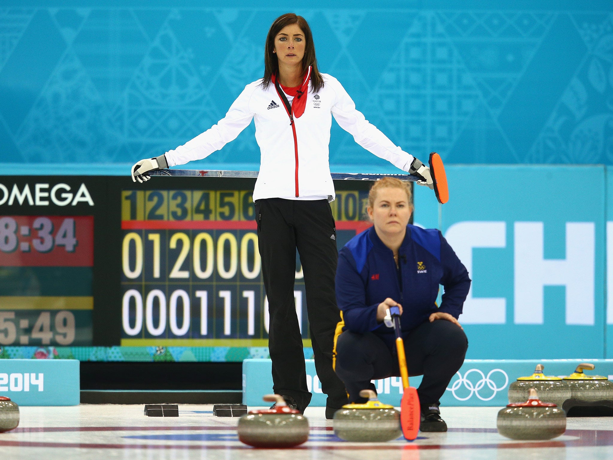 Eve Muirhead of Great Britain watches Margaretha Sigfridsson of Sweden during the round robin match against Sweden