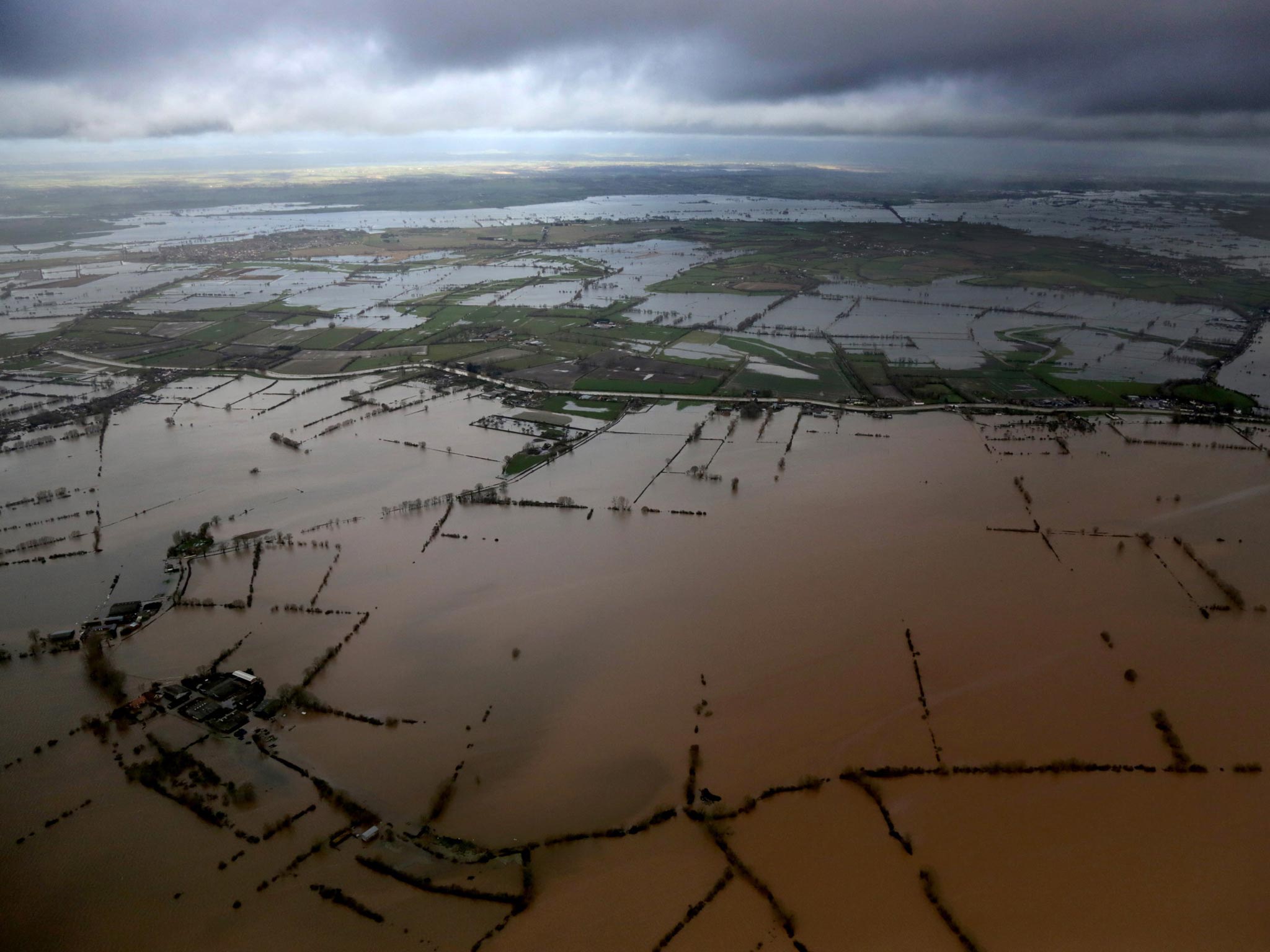 Flood water continues to cover farmland in Moorland on the Somerset Levels near Bridgwater