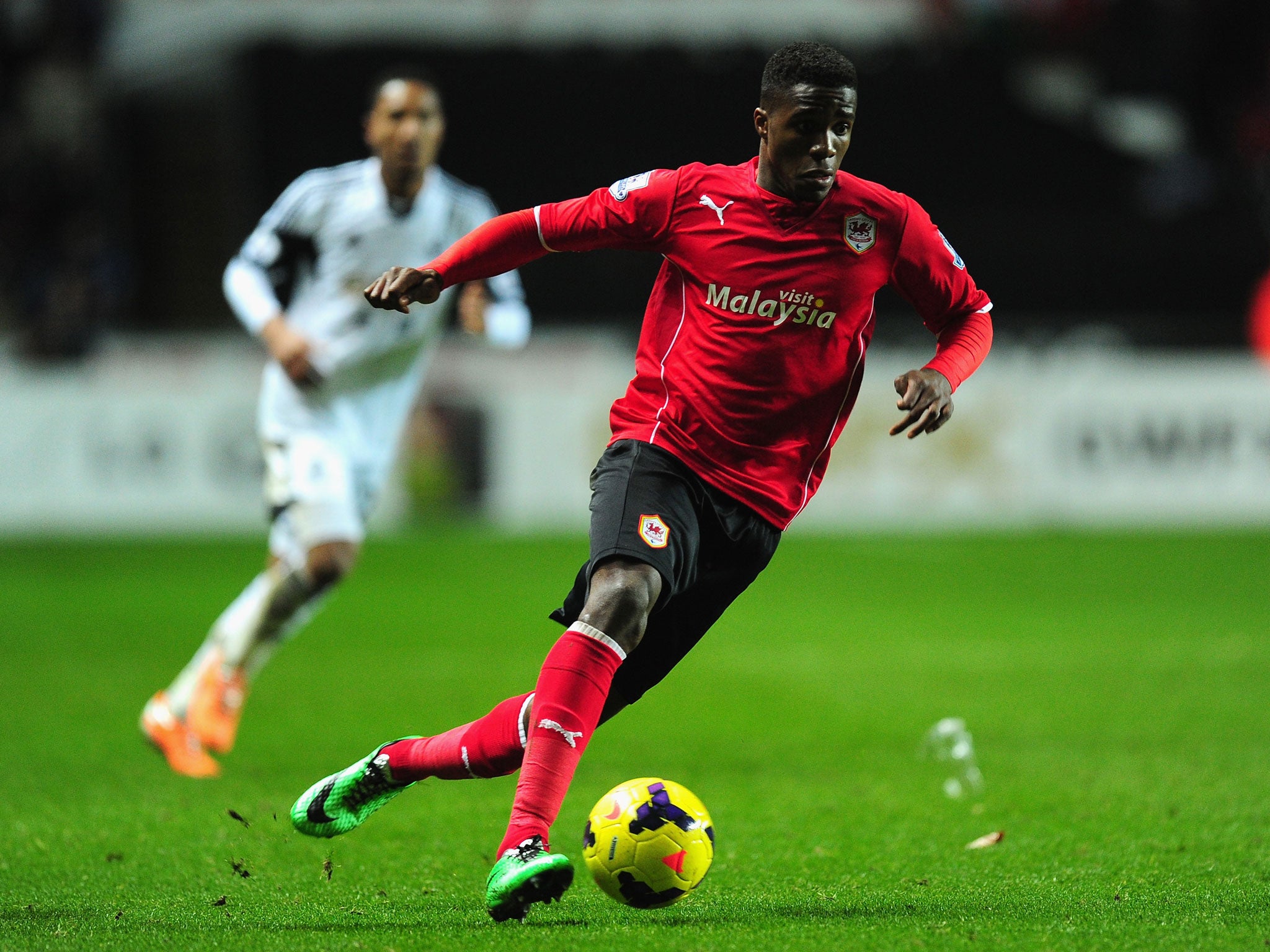 Manchester United winger Wilfried Zaha in action for Cardiff City, where he is currently on loan until the end of the season