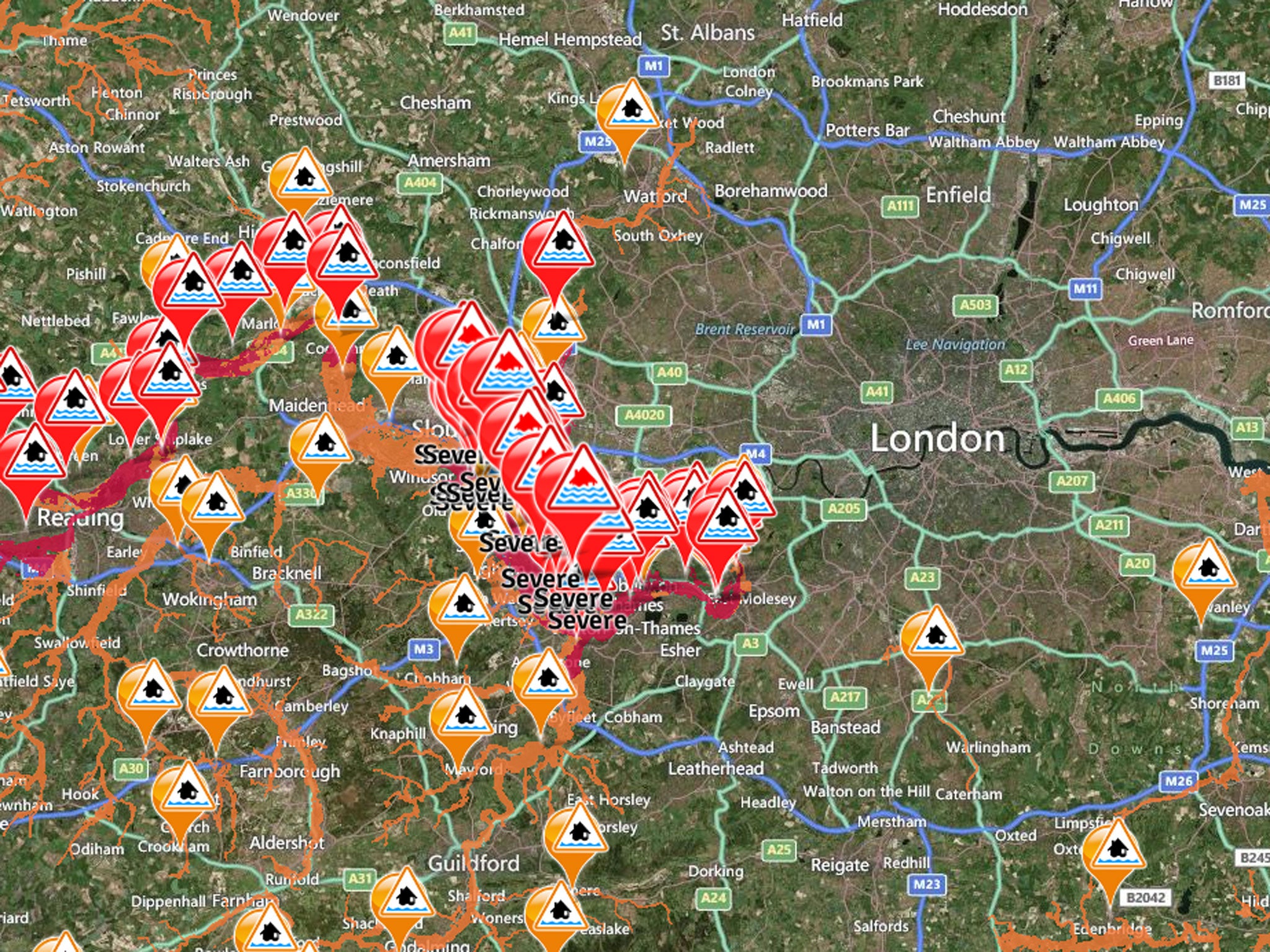 The Environment Agency's live flood alert map showed warnings no more than 10 miles from central London