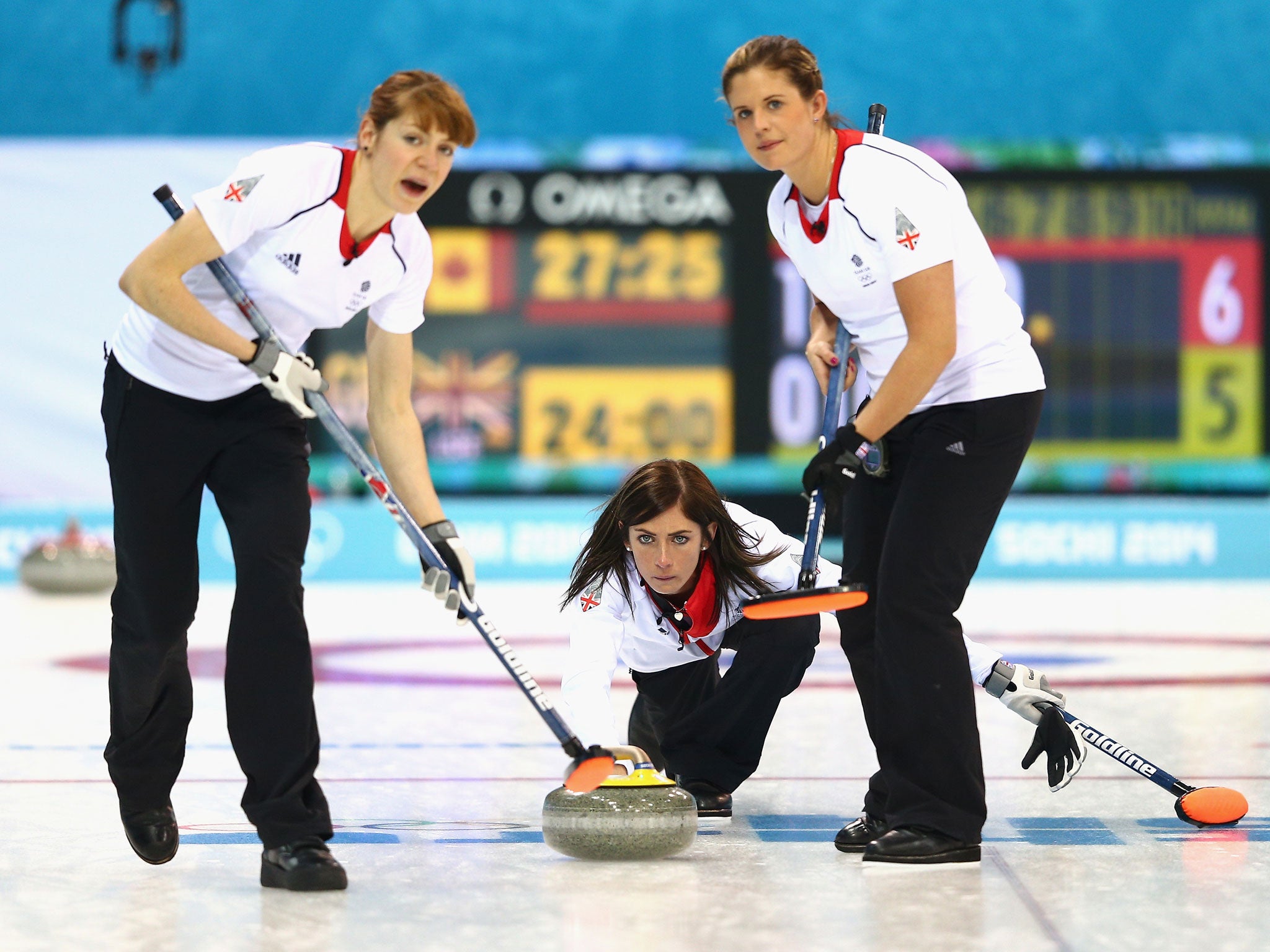 Eve Muirfield guides a stone across the ice during Great Britain's 9-6 defeat to Canada