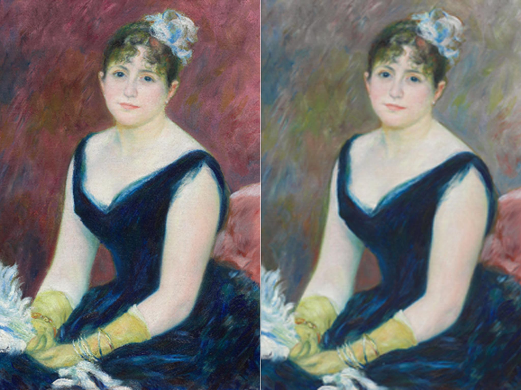 A visualization of the painting in its original appearance (left) and the original Madam Leon Clapisson (1883)