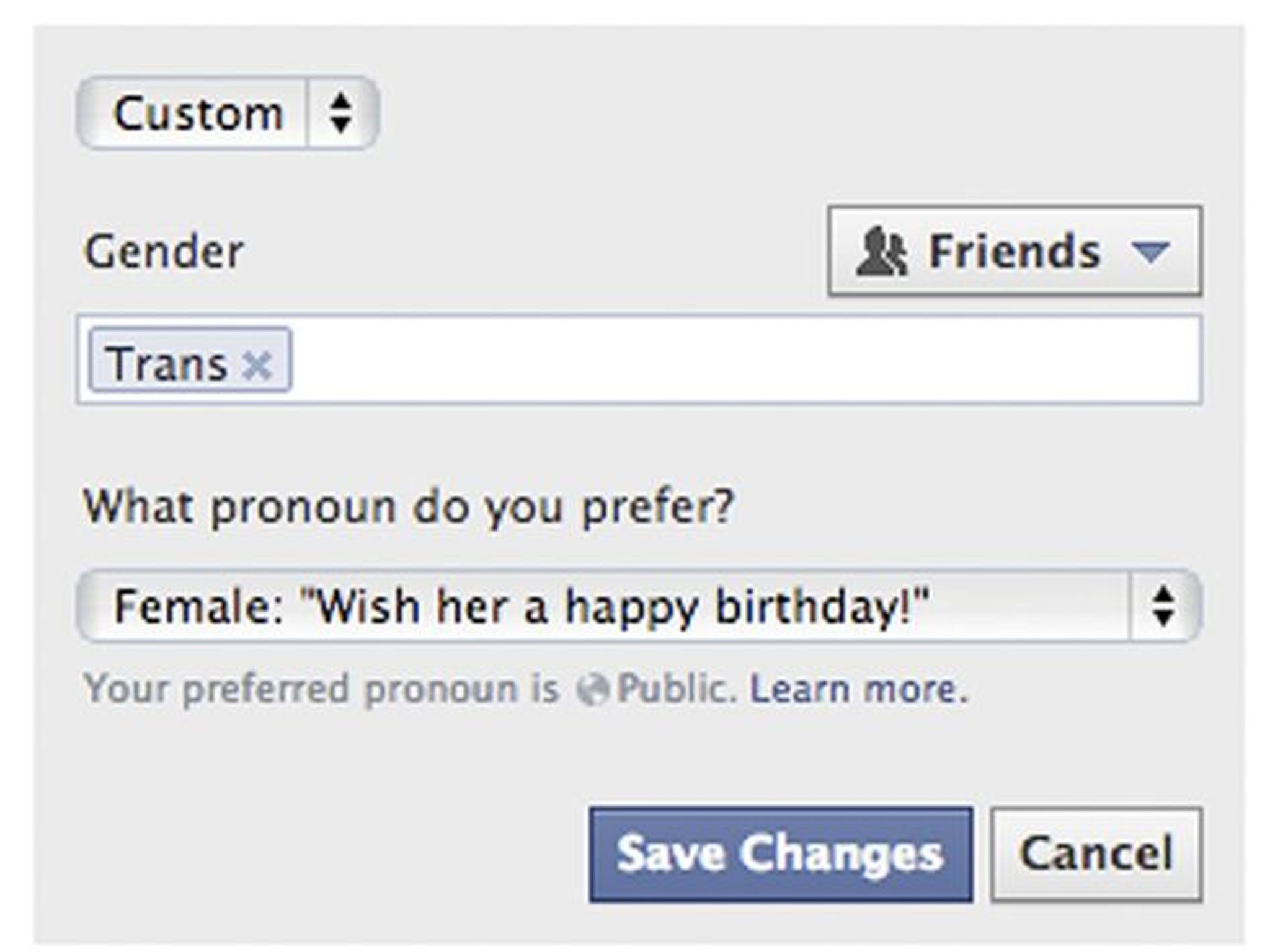 A screen shot released by Facebook shows the new gender option screen.