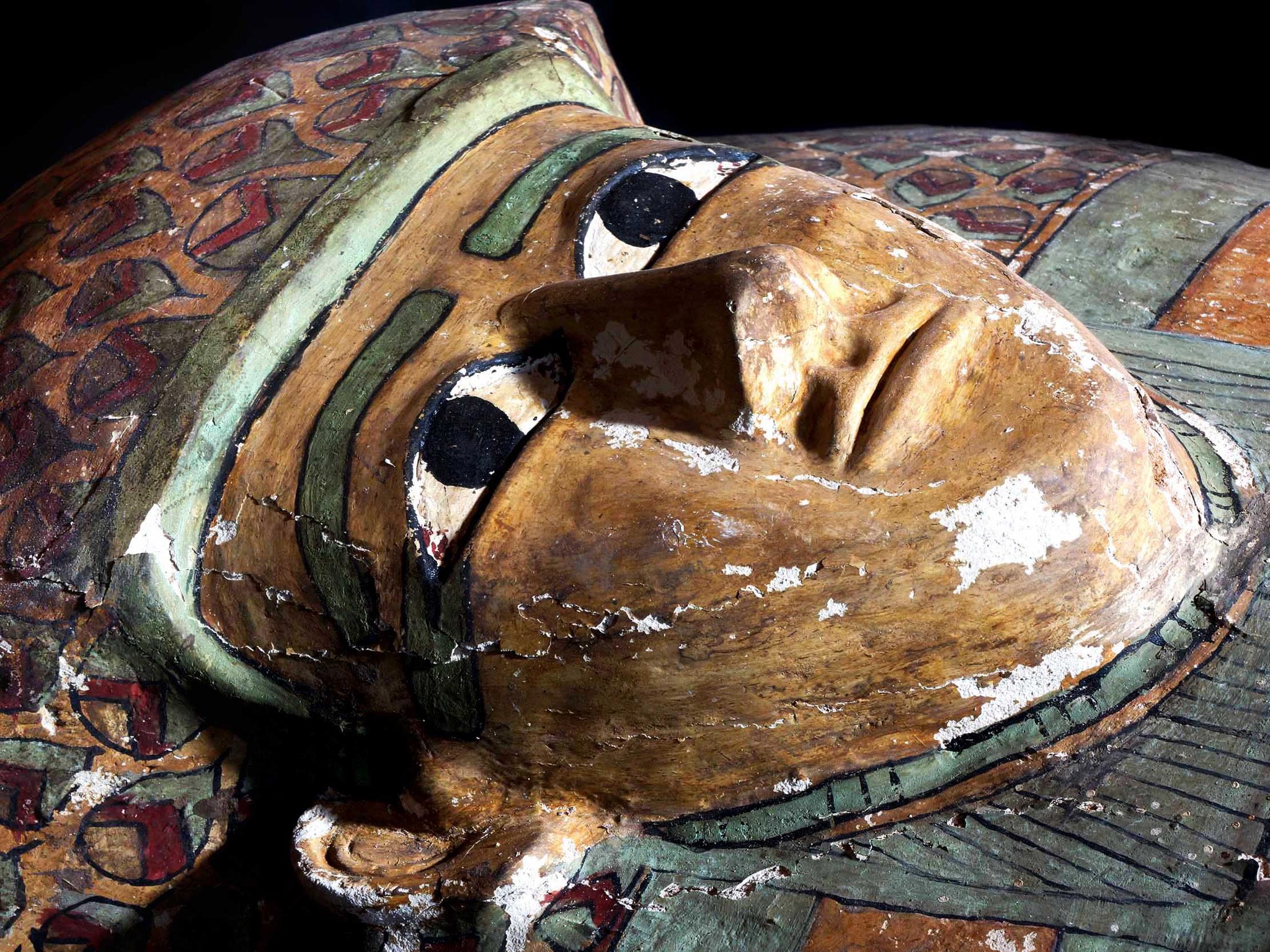 The mummy's preserved wooden sarcophagus after being cleaned up