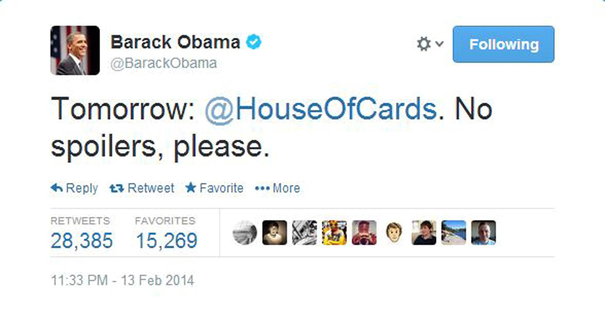 Barack Obama offers a rare TV tweet