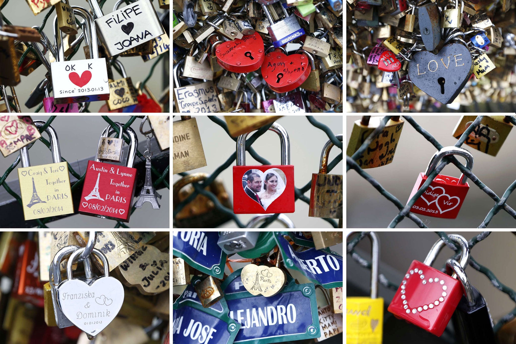 Thousand of padlocks clipped by lovers on the fence of the Pont des Arts over the River Seine