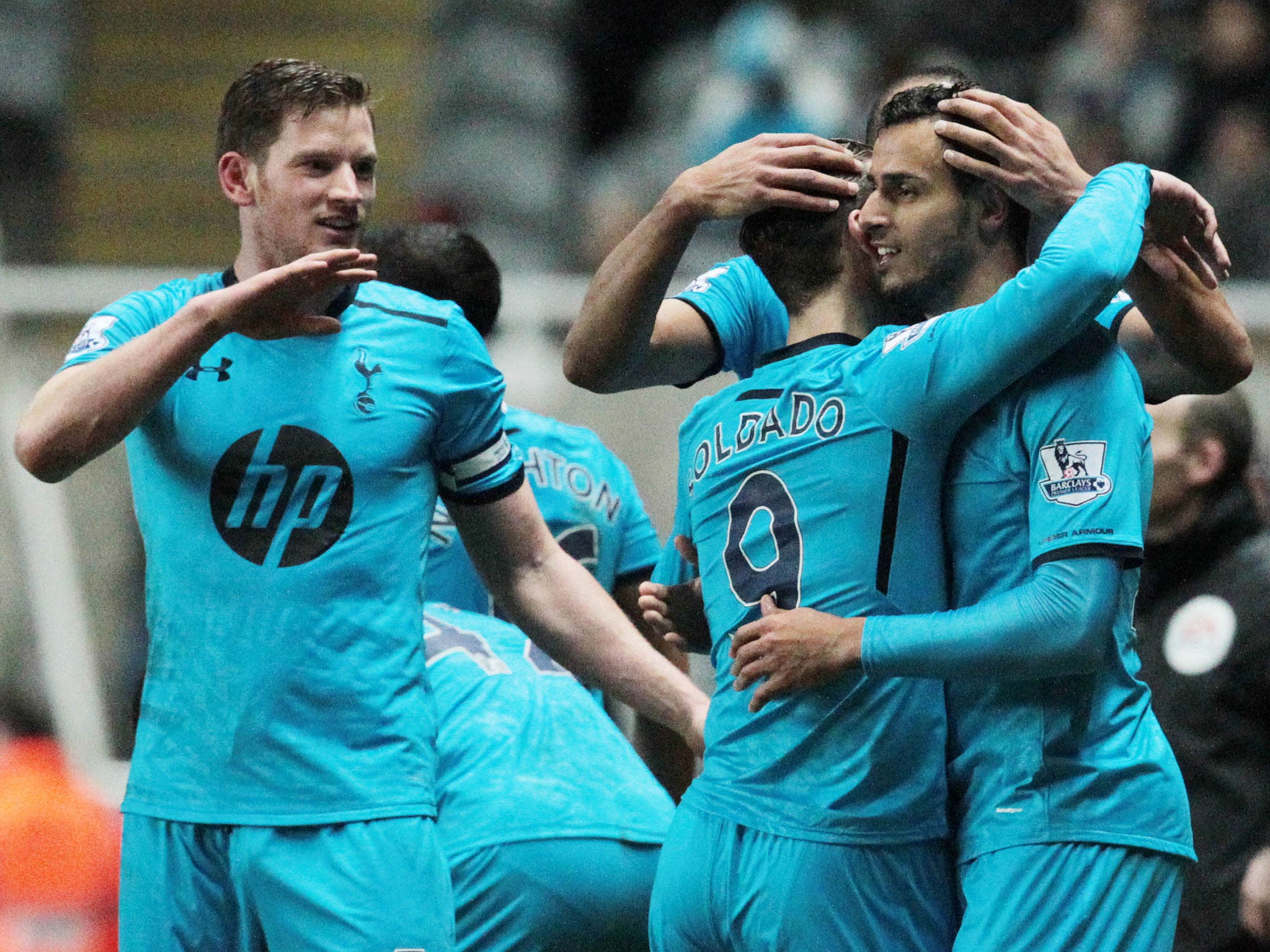 Nacer Chadli celebrates his first goal for Tottenham in the 4-0 rout of Newcastle