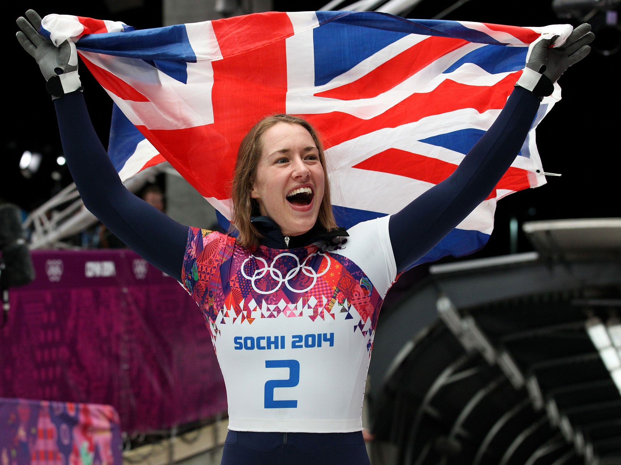 Great Britain's Lizzy Yarnold celebrates winning Gold in the Women's Skeleton Final