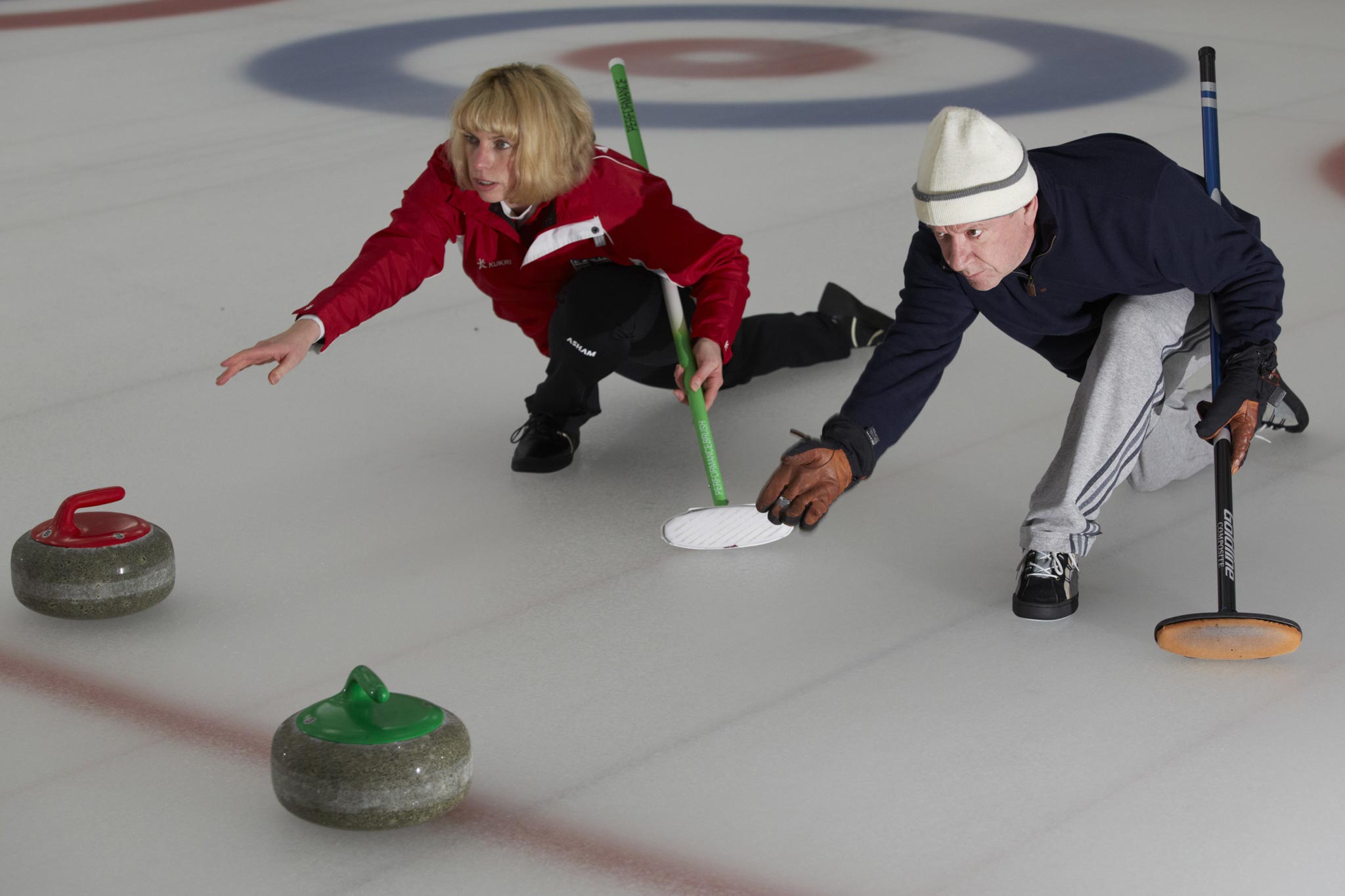 James Cusick tries to master curling on the ice at Fenton’s Rink near
Tunbridge Wells in Kent