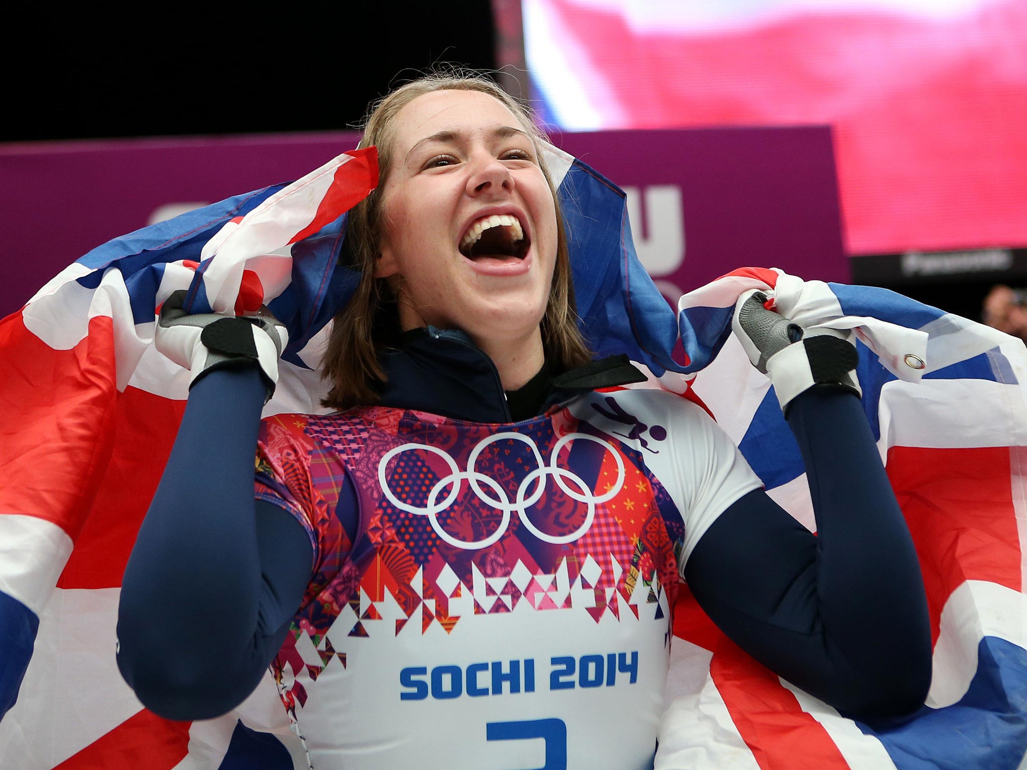 Great Britain's Lizzy Yarnold celebrates after winning Gold in the Women's Skeleton Final during the 2014 Sochi Olympic Games