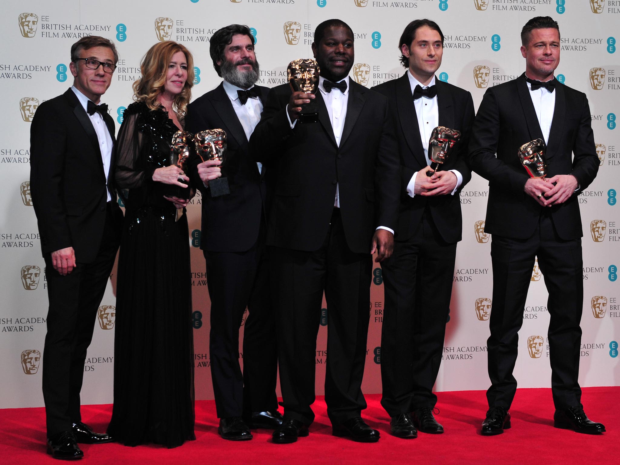 From left to right: Producer Dede Gardner, Producer Jeremy Kleiner, Director Steve McQueen, Producer Anthony Katagas and Brad Pitt pose with their awards for best film for '12 Years A Slave'