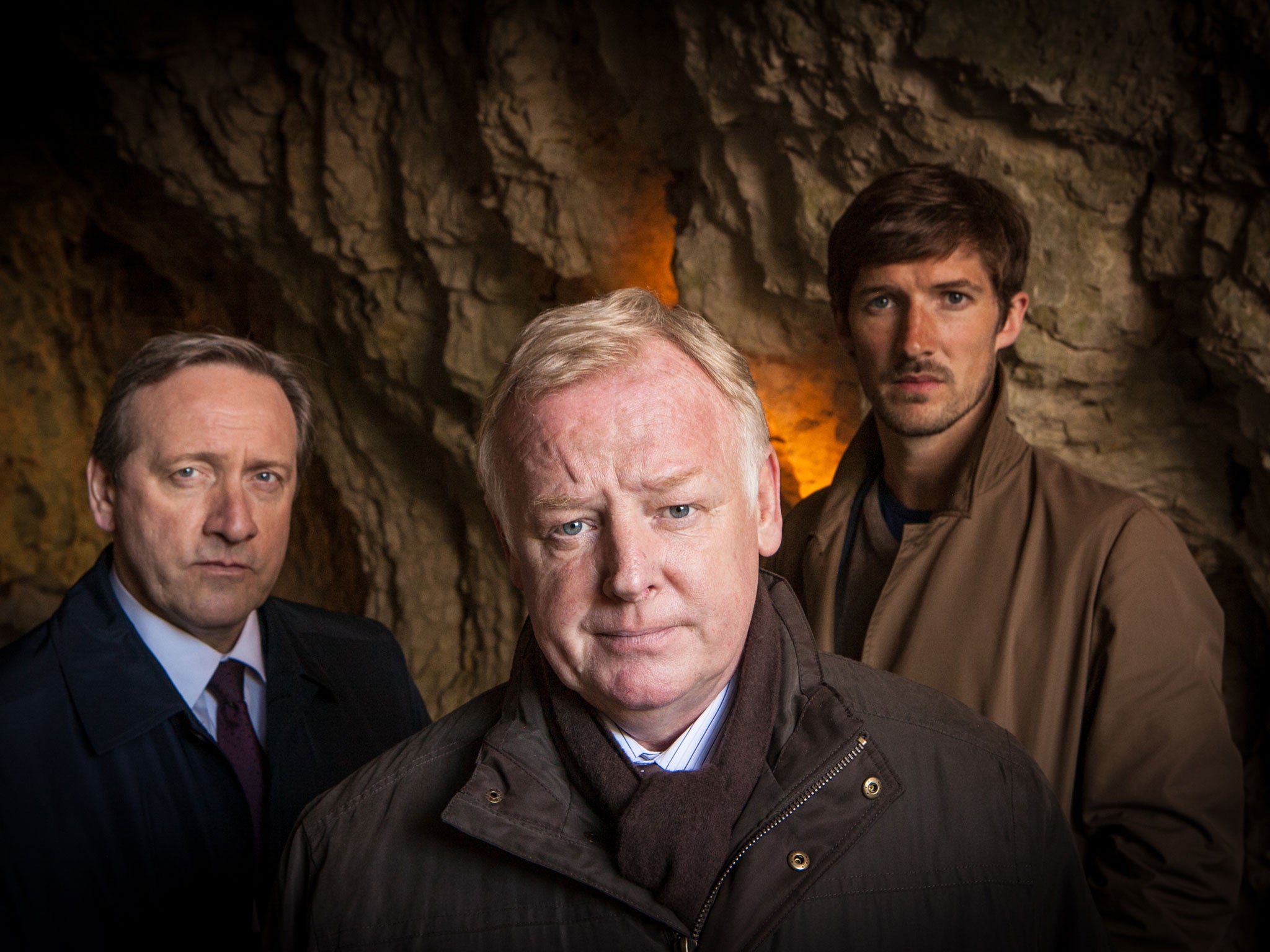 Gwilym Lee, left, as DS Charlie Nelson, Les Dennis, centre, as Brendan Pearce and Neil Dudgeon, right, as DCI John Barnaby in ITV's Midsummer Murders