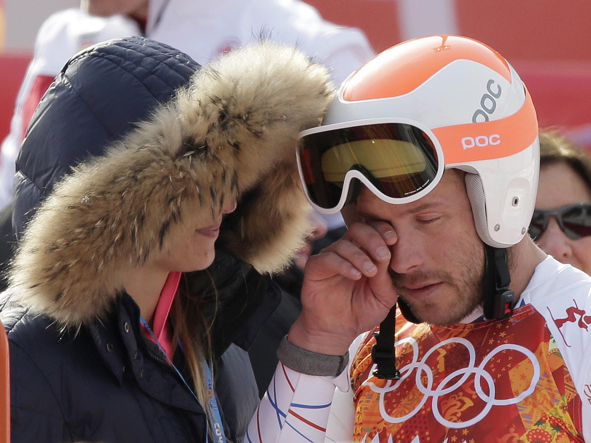 US skier Bode Miller is consoled by his wife after securing a share of bronze in the men’s Super-G. The 36-year-old, who has endured a troubled Games, lost his younger brother last year. “It was a lot of emotion,” he said. “To have things go well today...