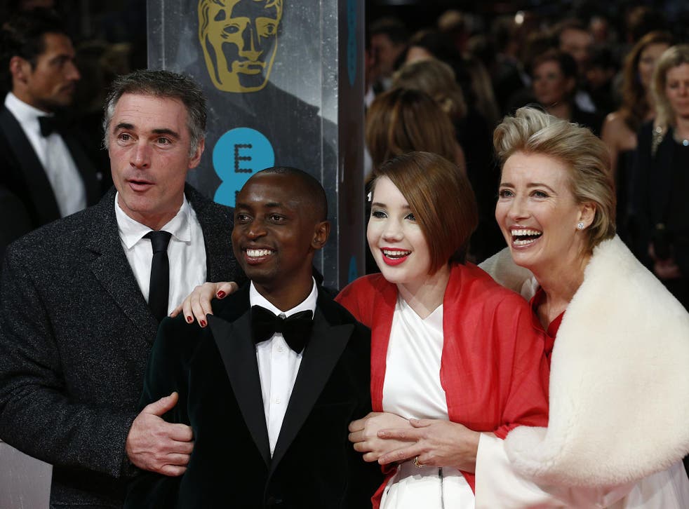 British actress Emma Thompson, (R) her daughter Gaia Wise, (2nd R) Tindyebwa Agaba (2nd L) and Greg Wise