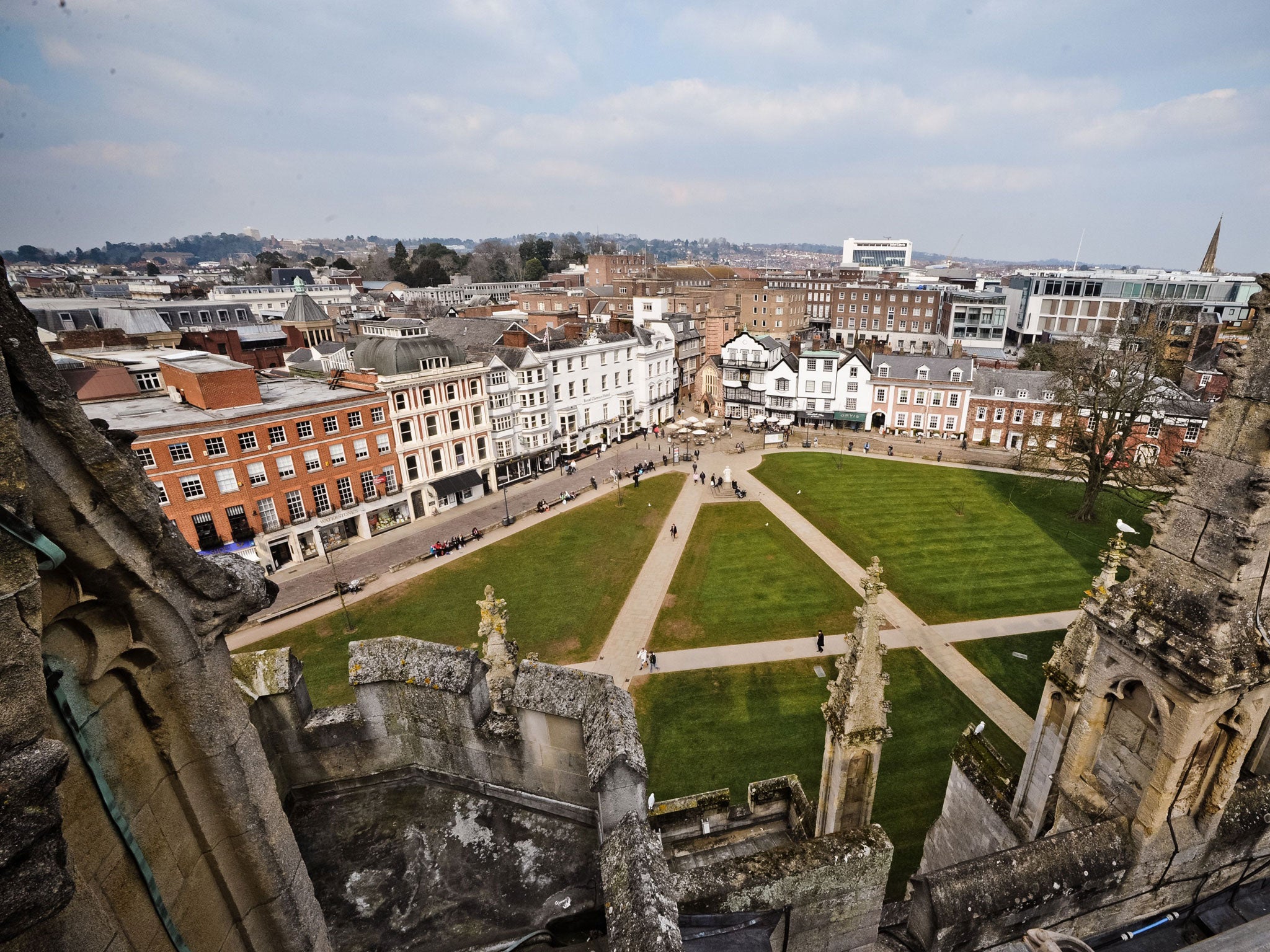 View from the top of Exeter Cathedral; the city balances a modern vibe with its routed history and peaceful feel