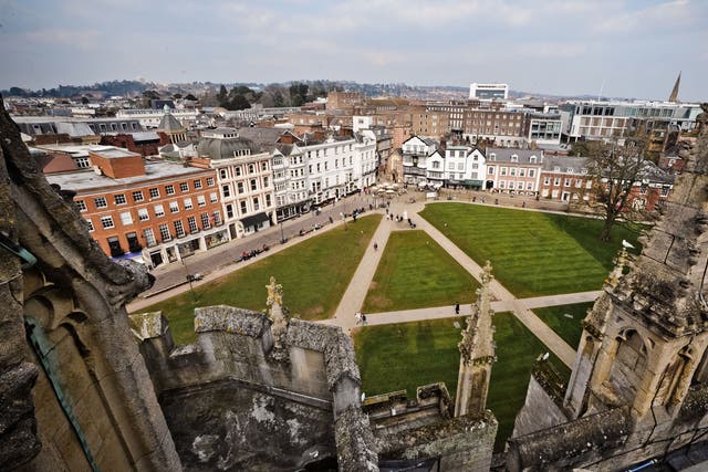 View from the top of Exeter Cathedral; the city balances a modern vibe with its routed history and peaceful feel