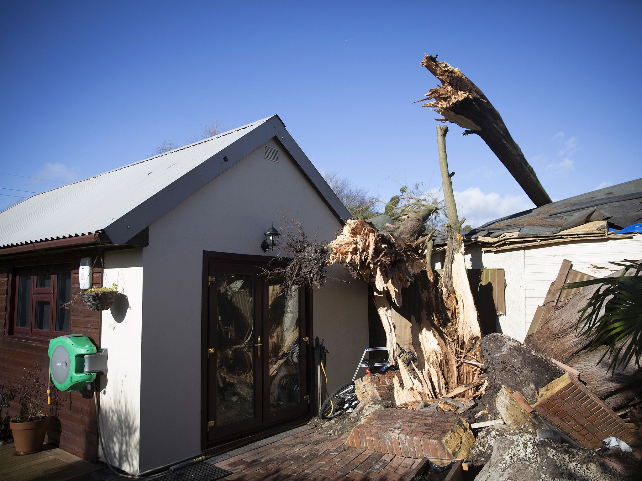 The trunk of a storm damaged tree is seen laying across residential property following high winds in Wraysbury