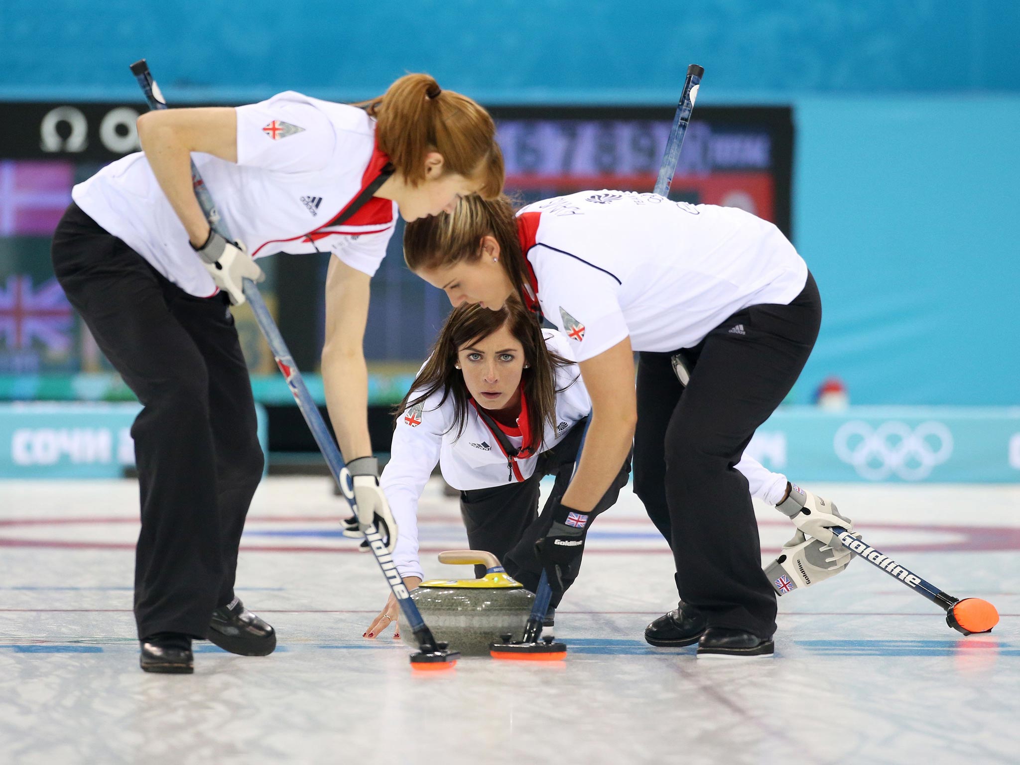Great Britain’s Eve Muirhead (middle) looks focused at the Ice Cube Curling Centre in Sochi yesterday