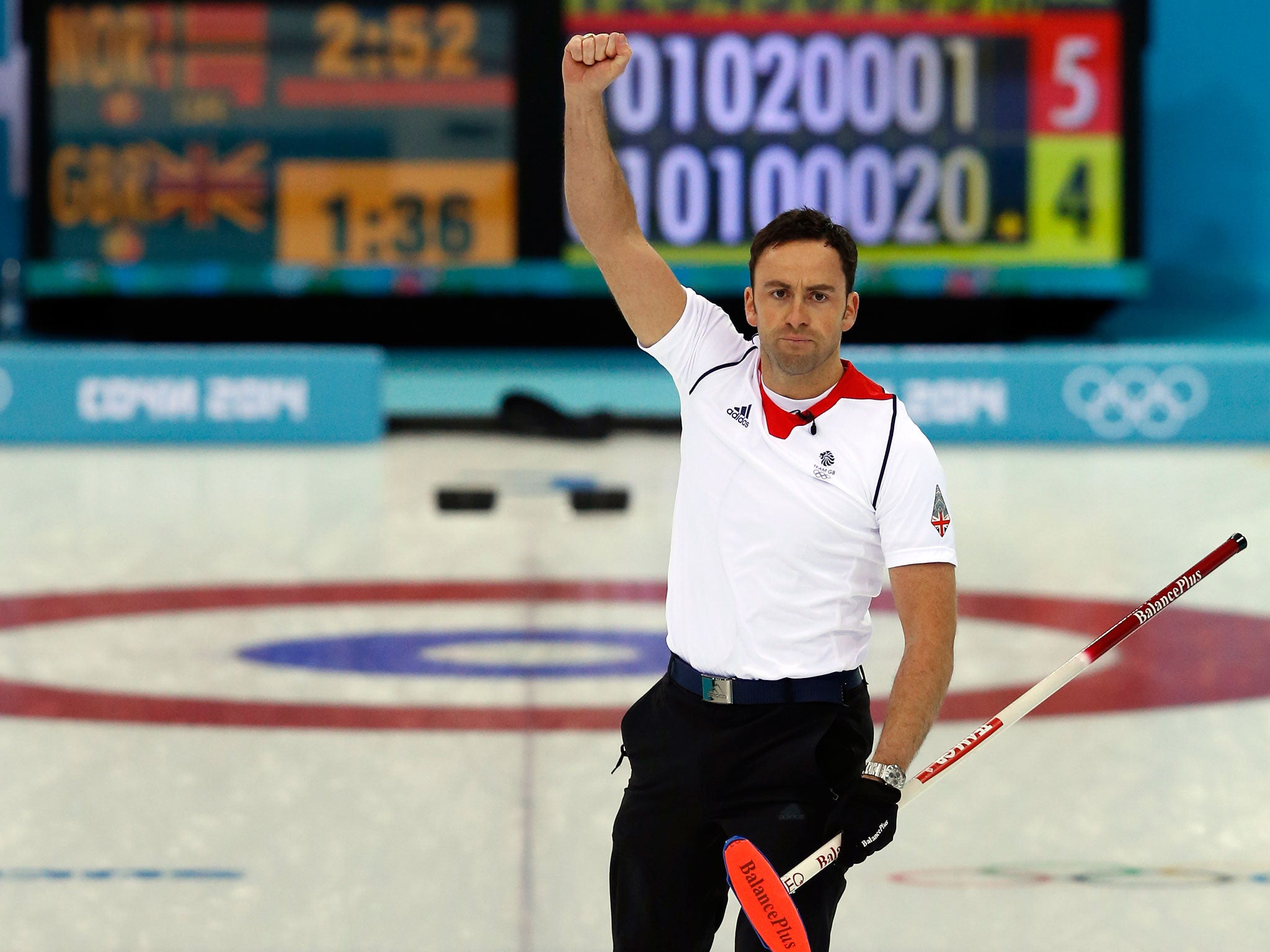 Team GB men's curling captain celebrates his two-point haul in the final end of their tie-break 6-5 victory over Norway