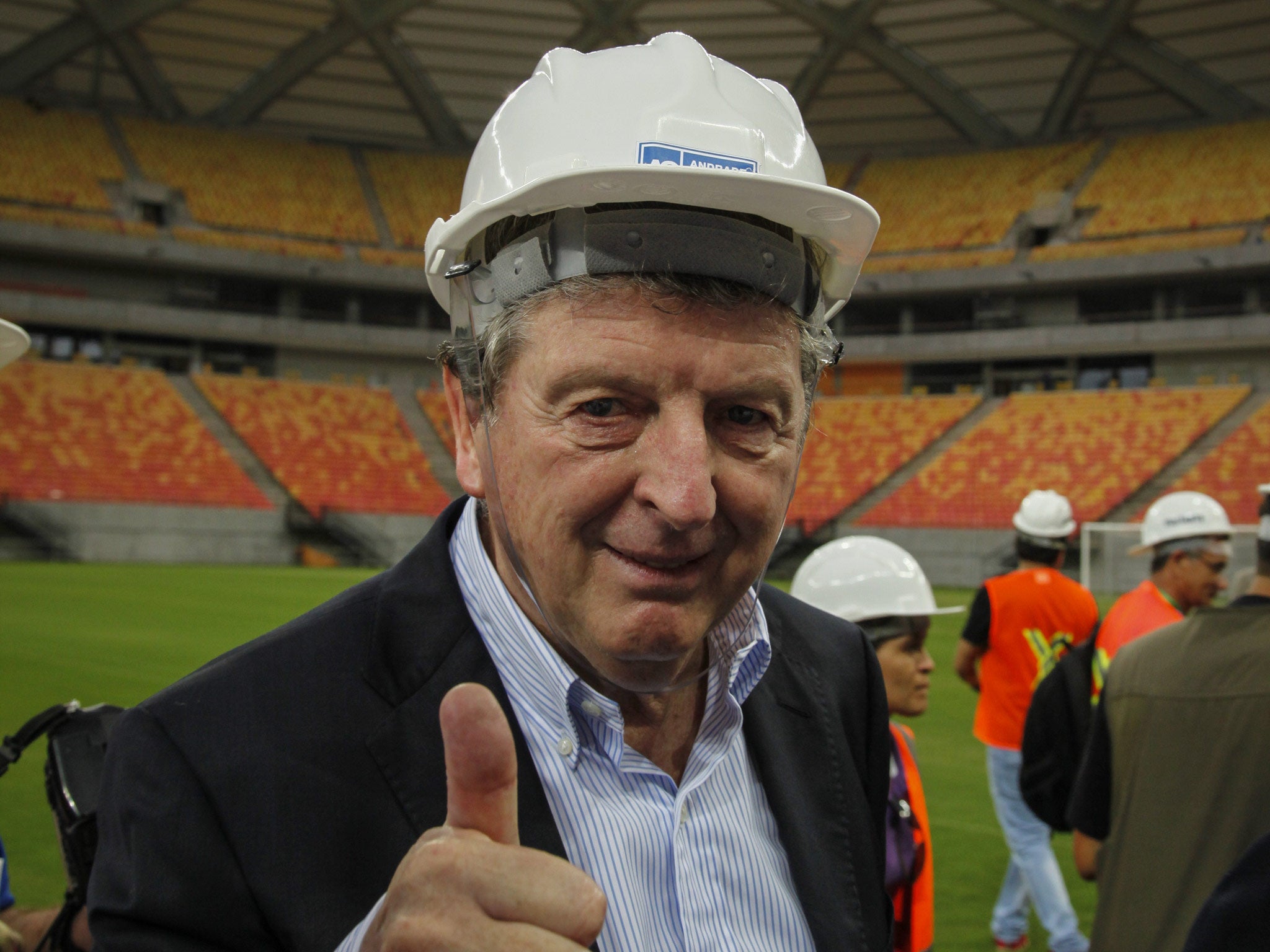 England manager Roy Hodgson, gives the thumb up as he visits the Arena Amazonia stadium in Manaus