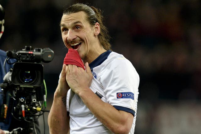 Zlatan Ibrahimovic pictured after scoring twice for PSG ina 4-0 Champions League win over Leverkusen