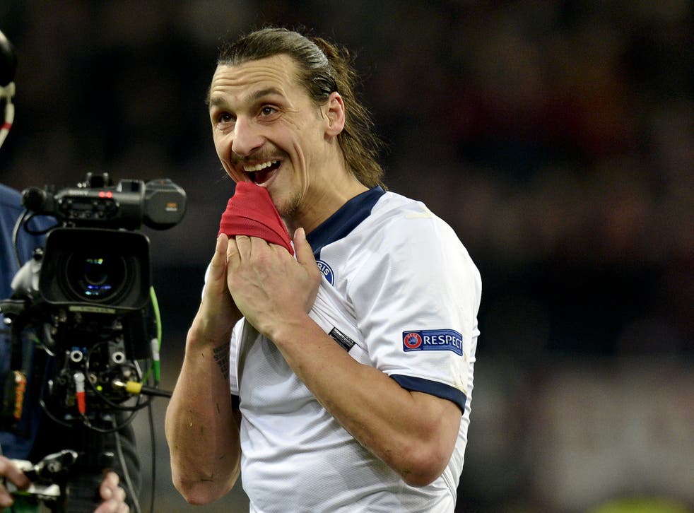 Zlatan Ibrahimovic pictured after scoring twice for PSG ina 4-0 Champions League win over Leverkusen