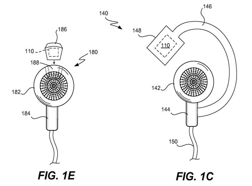 An image from Apple's patent application shows earphones with built in monitors for biometric and movement data.