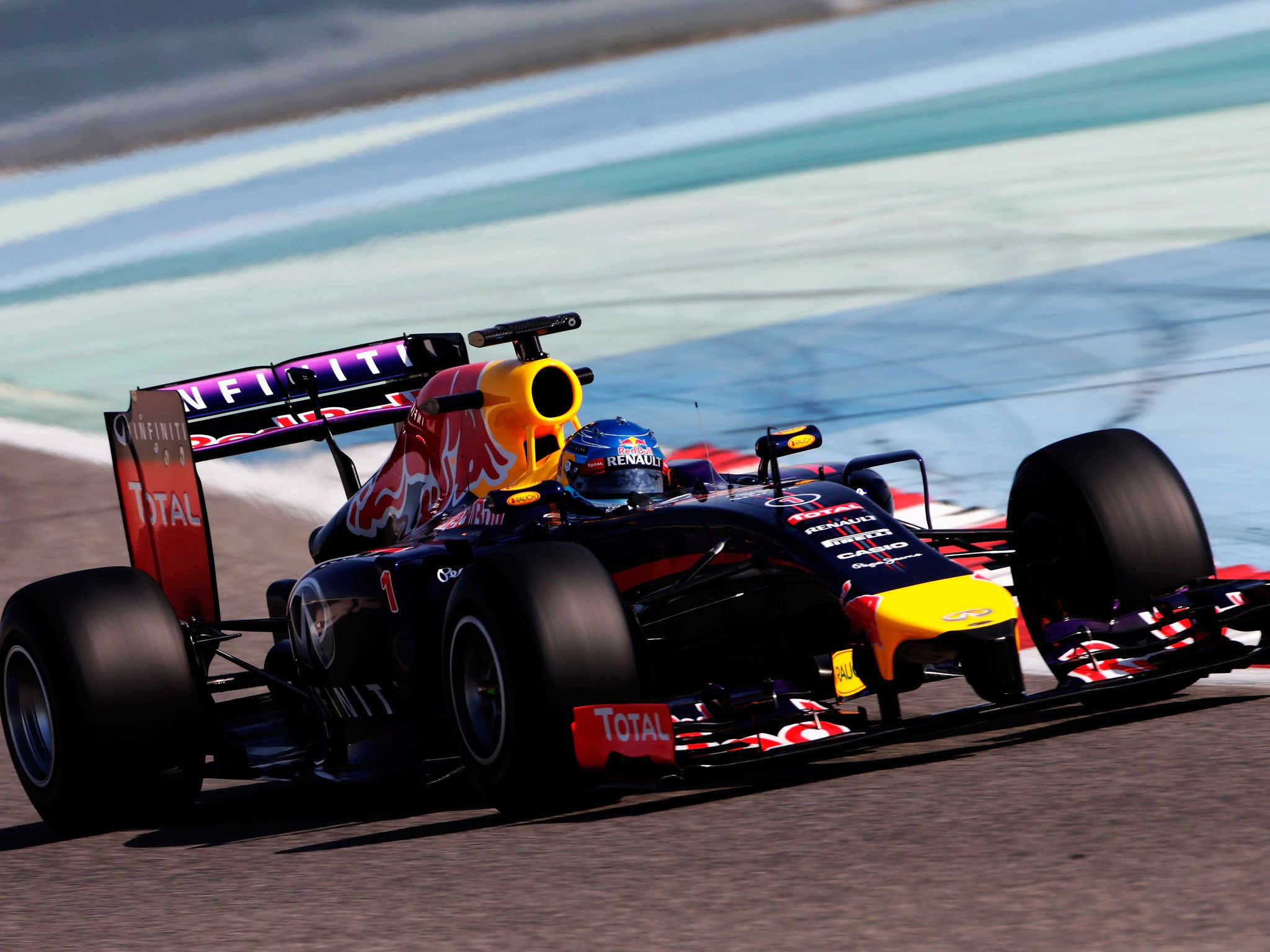 Sebastian Vettel in action behind the wheel of his Red Bull during testing at Bahrain