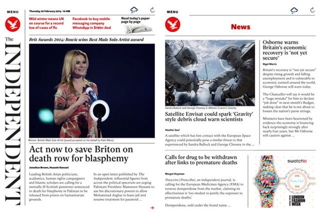 The homepage and one of the news pages on the new Independent app, now available on iPad