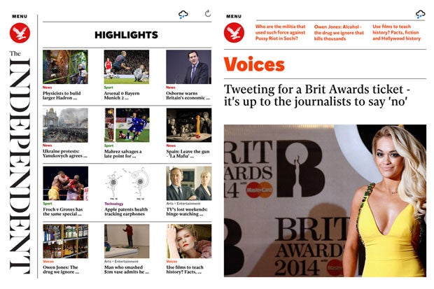 The innovative Highlights page and the Voices index on the new Independent app, now available on iPad
