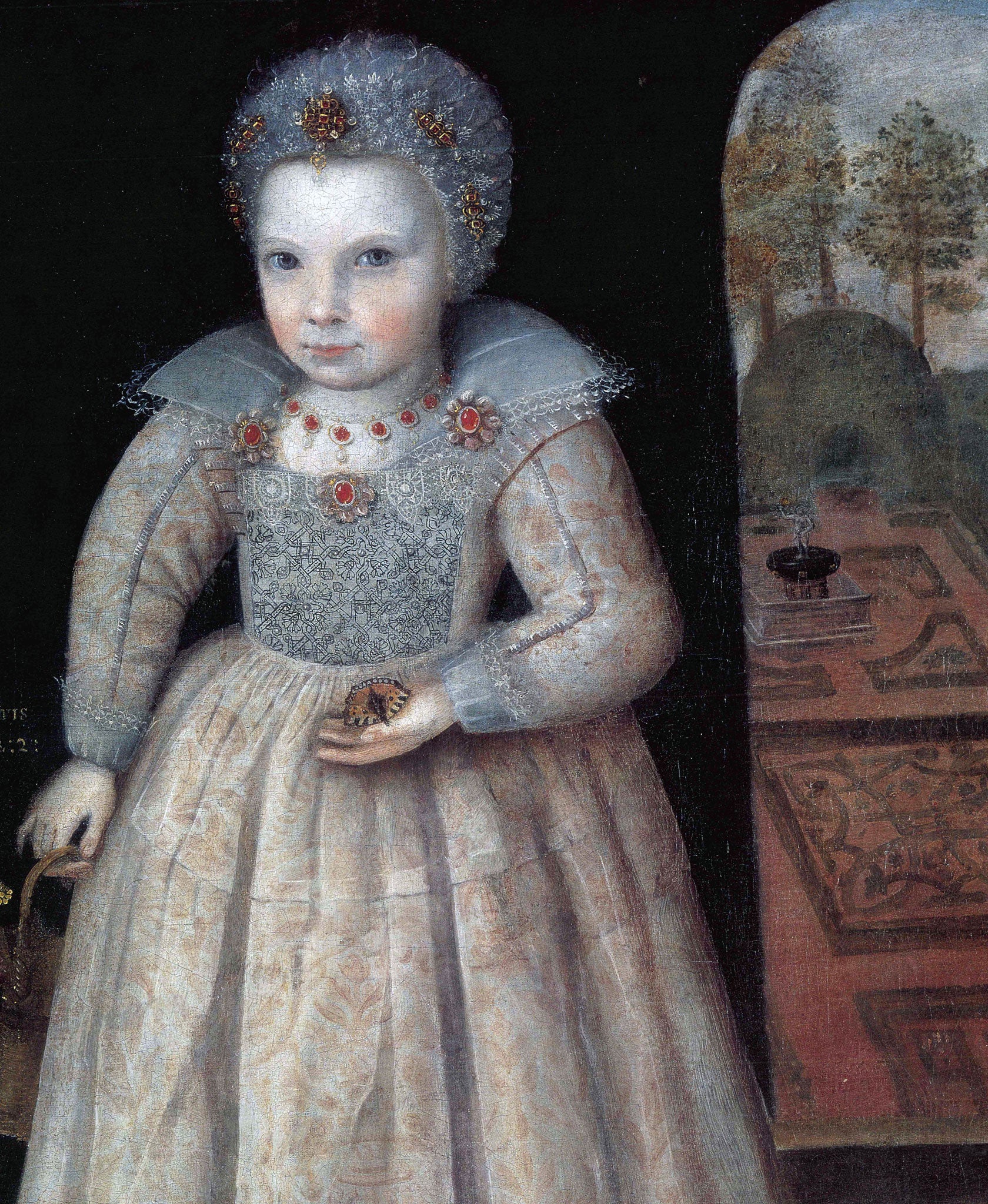 Two-year-old Lettice Newdigate in her embroidered bodice