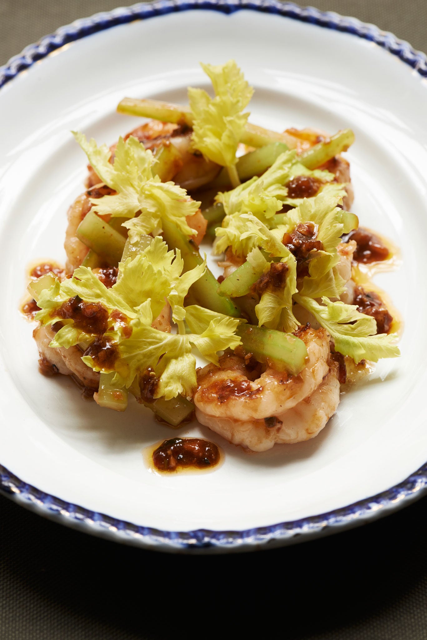 Griddled prawns with sweet and sour celery