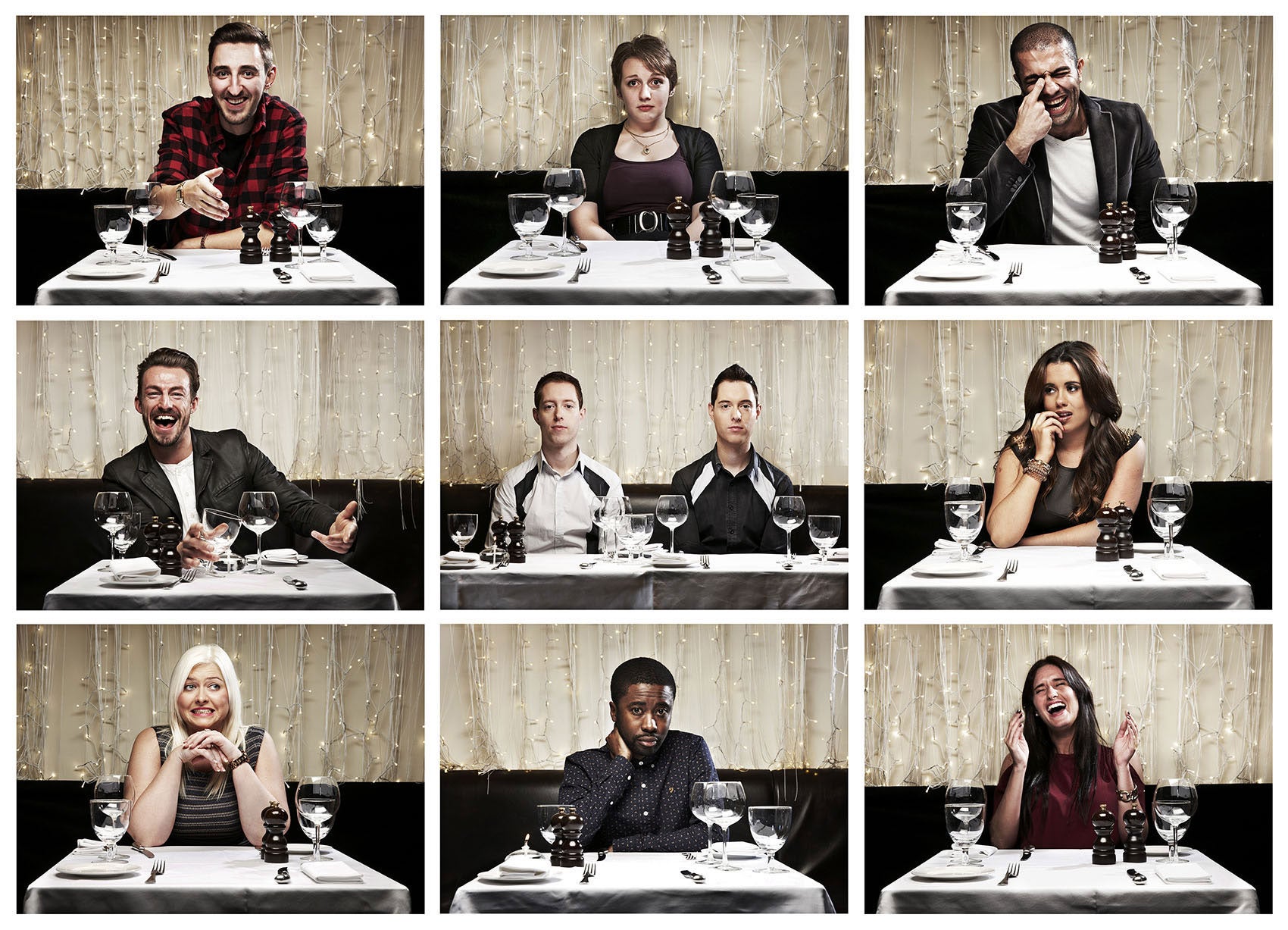 Eat you heart out: (left to right from top left) Josh, Sarah, Mostafa, Jon, Gary and Ben, Megan, Amie, Yemi and Charlotte in ‘First Dates’