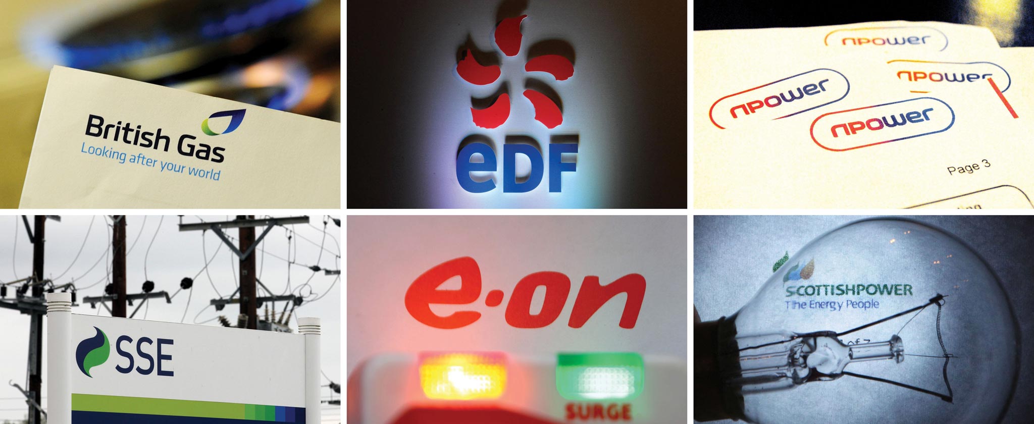Logos for the 'Big Six'; energy companies (top row from left) British Gas, EDF, RWE npower, (bottom row from left) SSE, E.ON and ScottishPower