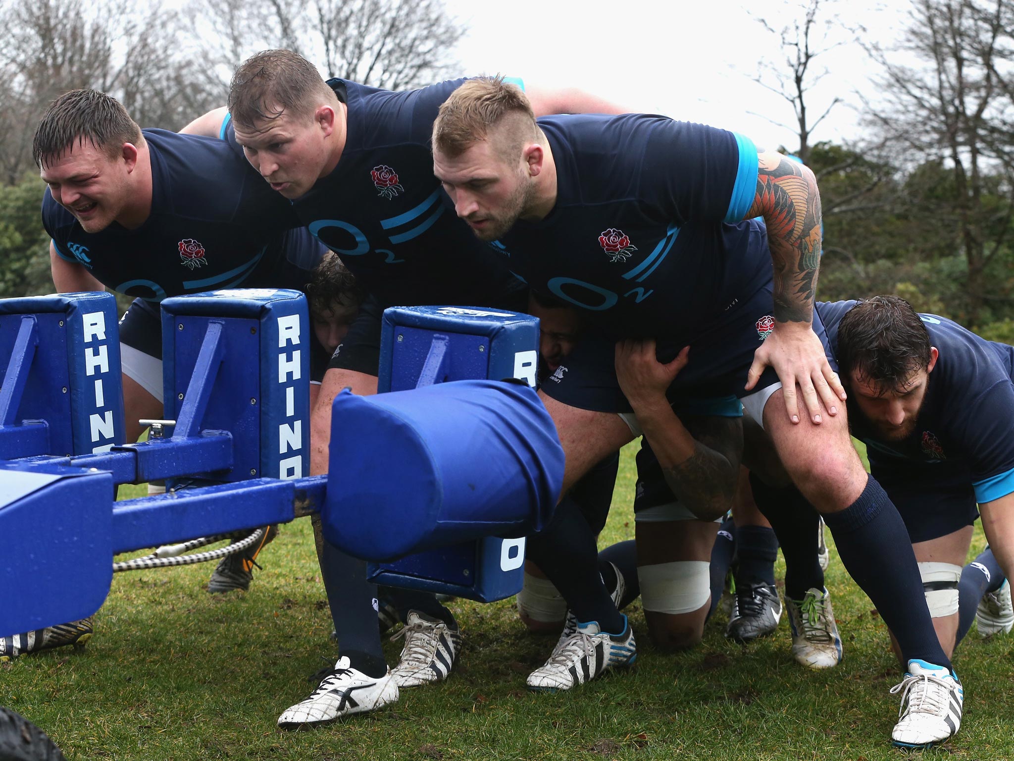 The England front row of David Wilson, Dylan Hartley and Joe Marler training at Pennyhill Park yesterday