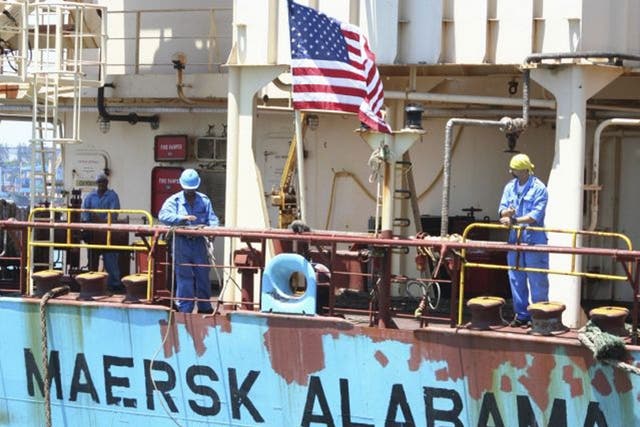 Crew members work aboard the US-flagged Maersk Alabama.
