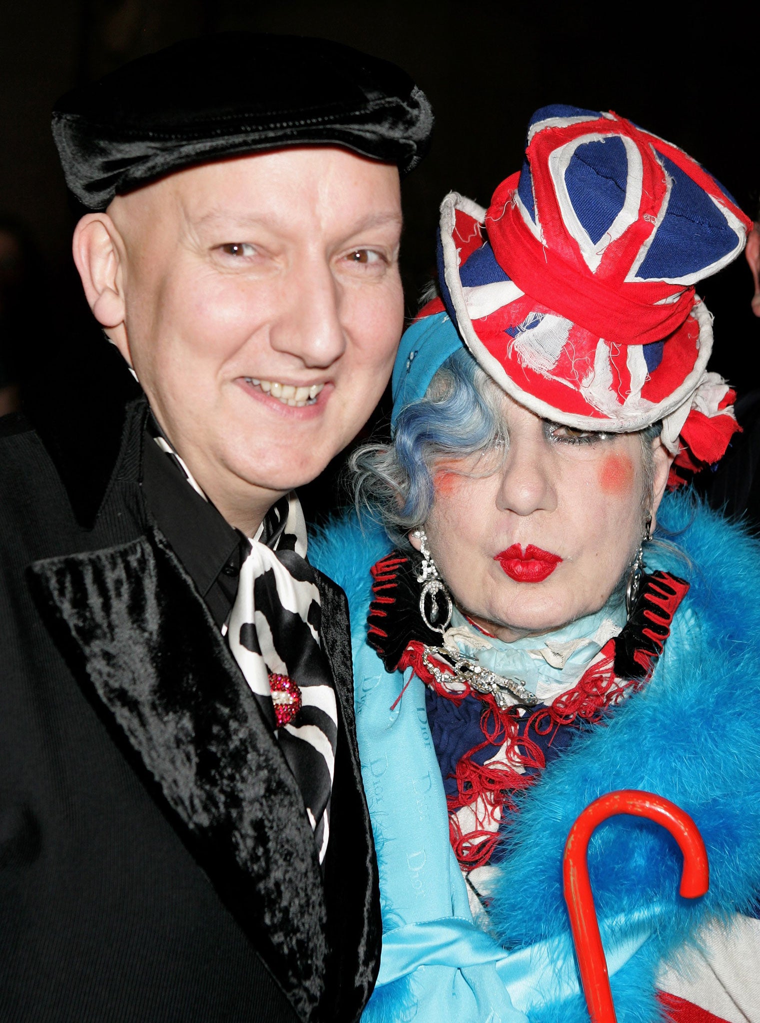 Stephen Jones with Anna Piaggi at the Fashion-ology exhibition at the V&A in 2006